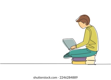 Single continuous line drawing young male studying with laptop and sitting on pile of books. Back to school, intelligent student, online education. One line draw graphic design vector illustration