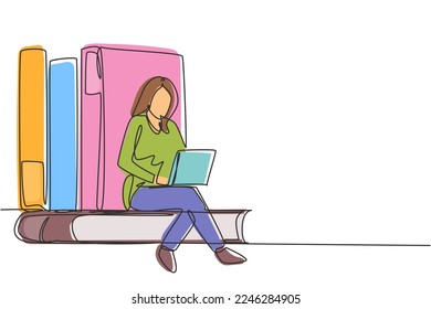 Single continuous line drawing young woman studying with laptop and sit and lean on big books. Back to school, intelligent student, online education. One line draw graphic design vector illustration