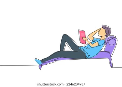 Single continuous line drawing young man reading, learning and laying down on recliner sofa. Literature fans or lovers. Education concept. Dynamic one line draw graphic design vector illustration