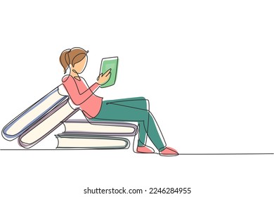 Single continuous line drawing young female reading, learning and sitting on big books. Study in library. Literature fans, student, education concept. One line draw graphic design vector illustration