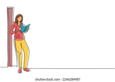 Single continuous line drawing young woman reading, learning and standing on the wall. Study in library. Smart student, education concept. Dynamic one line draw graphic design vector illustration