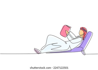 Single continuous line drawing young Arab man reading, learning and laying down on recliner sofa. Literature fans or lovers. Education concept. Dynamic one line draw graphic design vector illustration