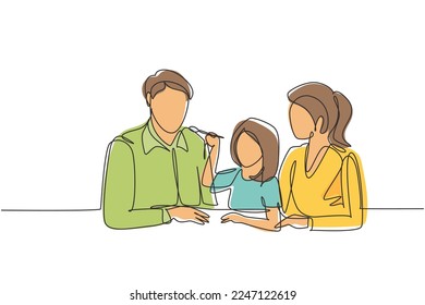 Single continuous line drawing young family having fun together in modern restaurant. Daughter feeds her father with love. Happy little family concept. One line draw graphic design vector illustration