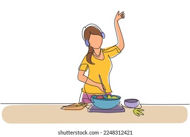 Single continuous line drawing young woman cooking and listening to music in kitchen. Healthy food illustration. Healthy lifestyle concept. Cooking at home. Prepare food. One line draw graphic design
