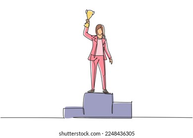 Single continuous line drawing young businesswoman wearing blazer lifting golden trophy with one hand on podium. Celebrating business performance. One line draw graphic design vector illustration