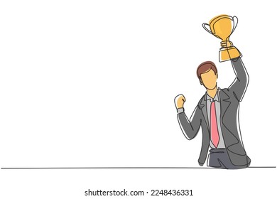 Single continuous line drawing young businessman holding golden trophy in one hand. Symbol of achievement and successful business performance. Dynamic one line draw graphic design vector illustration