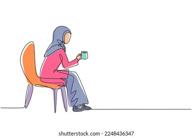 Single continuous line drawing young Arabian girl sitting in modern chair, enjoying coffee in front of window at cozy home, side view concept. Dynamic one line draw graphic design vector illustration