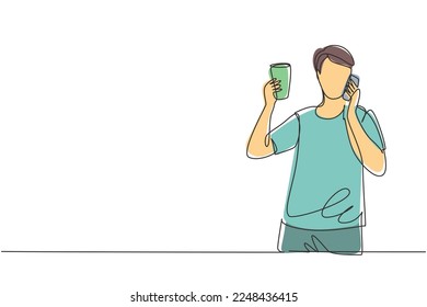 Single continuous line drawing young handsome man drinking orange juice while making phone call with smartphone and having breakfast at home. Dynamic one line draw graphic design vector illustration