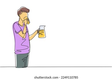 Single continuous line drawing young man drinking holding glass in right hand and jug in left hand 
to quench thirst after activity. Enjoy life moment. One line draw graphic design vector illustration