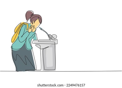 Single continuous line drawing a young woman who is thirsty drinking at the ready-to-drink taps that are widely available in public spaces. Dynamic one line draw graphic design vector illustration