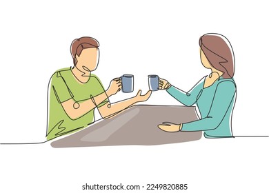 Single continuous line drawing a young couple holding a cup of hot coffee, preparing a toast to celebrate the success of a office work project. Dynamic one line draw graphic design vector illustration