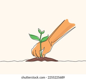 Single continuous line drawing young woman planting a tree in the garden. Ecology concept. The spring planting. Early seedlings grown from seeds. Agriculture. Earth day. Dynamic one line draw graphic