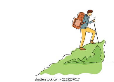 Single continuous line drawing young hiker with backpack on top of mountain. Trekking man simple sketch, Outdoor activity. Happy hikers, tourists or climbers. One line draw design vector illustration