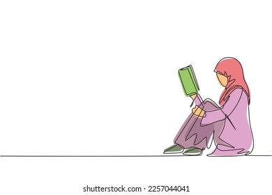 Single continuous line drawing young Arabian woman sitting on floor, reading book. Reading, studying. Girl love to read literature. Education, library concept. one line draw design vector illustration