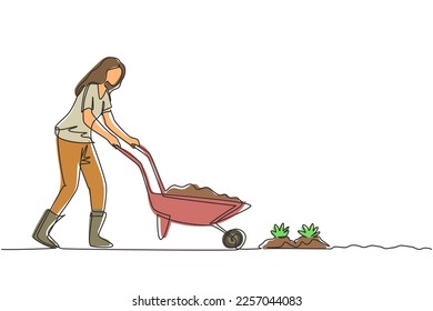 Single continuous line drawing young girl carrying wheelbarrow with plants and flowers outdoor. Home hobby. Garden work. Florist taking care of plant. One line draw design graphic vector illustration