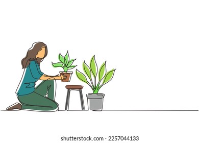 Single continuous line drawing young woman worker kneeling, potted plants. Houseplants in pots in greenhouse, botanical garden, flowers growing, plant nursery. One line draw design vector illustration