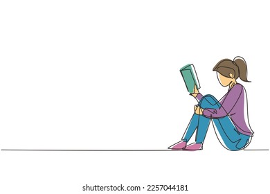 Single continuous line drawing young woman sitting on floor, reading book. Reading, studying. Girl love to read literature. Education, library concept. Dynamic one line draw design vector illustration