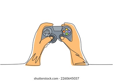 Single continuous line drawing young man hands holding video game console. Gamer holding in hand gamepad. Man playing video game. Leisure time at home. One line draw graphic design vector illustration