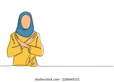 Single continuous line drawing young Arabian woman crossing arms and saying no gesture. Person making X shape, stop sign with hands and negative expression. One line draw design vector illustration