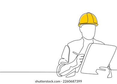 Single continuous line drawing of young construction worker. Building architecture business concept. One line draw design vector