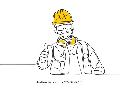 Single continuous line drawing of young construction worker. Building architecture business concept. One line draw design vector