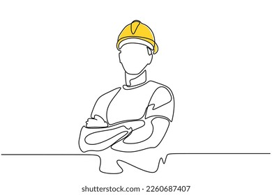 Dibujo de una sola línea continua de un joven trabajador de la construcción. Construyendo el concepto de negocios de arquitectura. vector de diseño de trazos de una línea