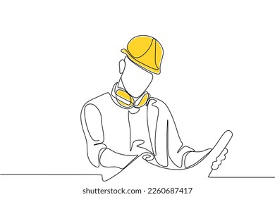 Dibujo de una sola línea continua de un joven trabajador de la construcción. Construyendo el concepto de negocios de arquitectura. vector de diseño de trazos de una línea