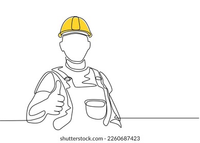 Dibujo de una sola línea continua de un joven trabajador de la construcción. Construyendo el concepto de negocios de arquitectura. vector de diseño de trazos de una línea