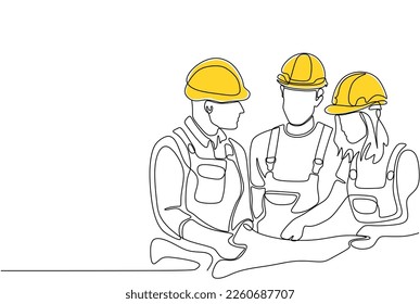 Single continuous line drawing of young construction manager giving instruction to builder coordinator at site meeting. Building architecture business concept. One line draw design vector