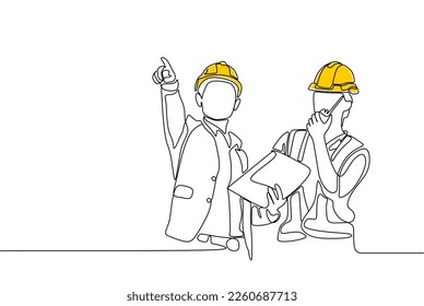 Single continuous line drawing of young construction manager giving instruction to builder coordinator at site meeting. Building architecture business concept. One line draw design vector