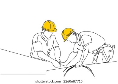 Single continuous line drawing of young construction manager giving instruction to builder coordinator at site meeting. Building architecture business concept. One line draw design vector