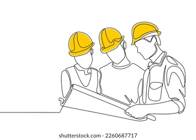 Single continuous line drawing of young construction manager giving instruction to builder coordinator at site meeting. Building architecture business concept. One line draw design vector