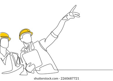Single continuous line drawing young construction manager giving instruction to builder coordinator at site meeting  Building architecture business concept  One line draw design vector