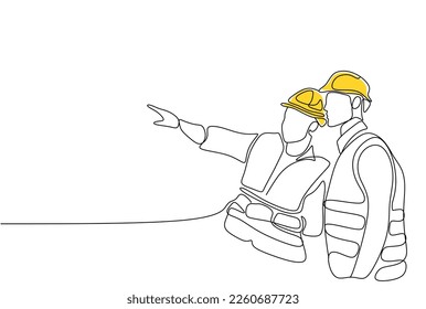 Single continuous line drawing young construction manager giving instruction to builder coordinator at site meeting  Building architecture business concept  One line draw design vector