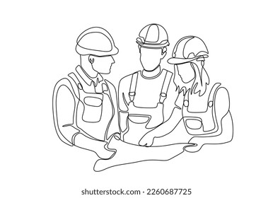 Single continuous line drawing of young construction manager giving instruction to builder coordinator at site meeting. Building architecture business concept. One line draw design vector