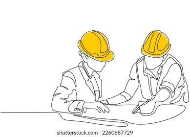 Single continuous line drawing of young construction manager giving instruction to builder coordinator at site meeting. Building architecture business concept. One line draw design vector