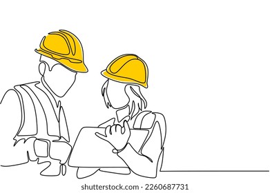 Single continuous line drawing of young construction manager giving instruction to builder coordinator at site meeting. Building architecture business concept. One line draw design vector