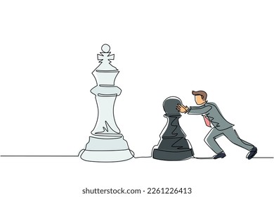 Single continuous line drawing young businessman push huge pawn chess piece. Business strategy and marketing plan. Strategic move in business concept. One line draw graphic design vector illustration