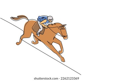 Single continuous line drawing young jockey on horse. Racing horse with jockey. Champion. Horse riding. Equestrian sport. Jockey riding jumping horse. One line draw graphic design vector illustration