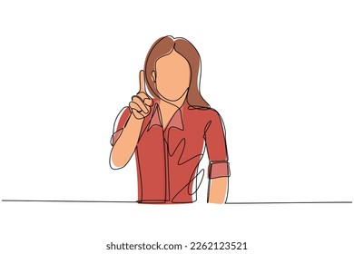 Una sola línea contínua dibujando a una joven apuntando hacia el dedo mientras se pone de pie y sonríe. Mujer linda apuntando espacio de copia. Concepto de emoción y lenguaje corporal. Ilustración vectorial de diseño de líneas de una línea