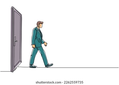 Single continuous line drawing young businessman walking and leaving closed door. New business ventures. Entering new market. Career growth. Dynamic one line draw graphic design vector illustration