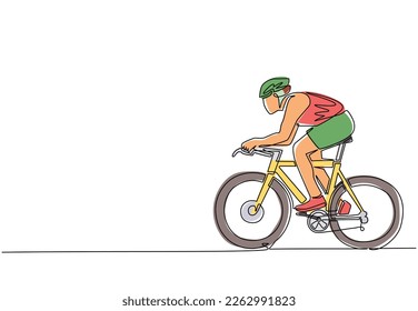 Single continuous line drawing young energetic man bicycle racer improve his speed at training session. Racing cyclist concept. Healthy cycling sport event. Dynamic one line draw graphic design vector