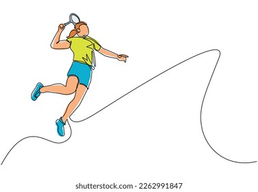 Single continuous line drawing young agile woman badminton player jump and smash shuttlecock. Badminton tournament event. Sport exercise healthy concept. One line draw design vector illustration