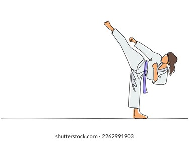 Single continuous line drawing young cute taekwondo woman doing kick pose in fight uniform with belt exercising martial art at gym. Healthy sport lifestyle concept. One line draw graphic design vector