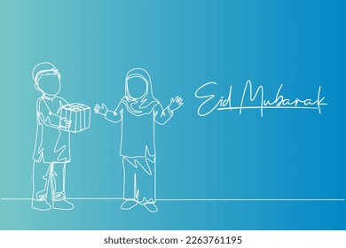Single continuous line drawing of young muslim boy giving a present gift to sister. Eid Mubarak greeting card, banner, and poster concept. Trendy one line draw design illustration background