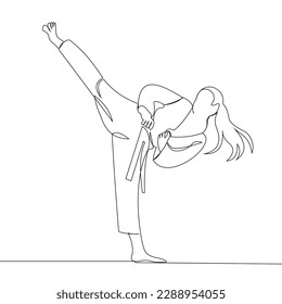 Single continuous line drawing young cute taekwondo woman doing kick pose in fight uniform and belt exercising martial art at gym  Healthy sport lifestyle concept  One line draw graphic design vector