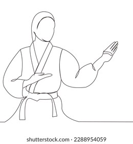 Single continuous line drawing young cute taekwondo woman doing kick pose in fight uniform with belt exercising martial art at gym. Healthy sport lifestyle concept. One line draw graphic design vector