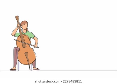 Single continuous line drawing young female performer playing on contrabass. Cellist woman playing cello, musician playing classical music instrument. One line draw graphic design vector illustration