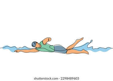 Single continuous line drawing young male athlete with disabilities playing in swimming at tournament games. Disabled sport, success, championship. One line draw graphic design vector illustration