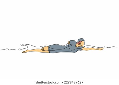 Single continuous line drawing young female athlete with disabilities playing in swimming at tournament games. Disabled sport, success, championship. One line draw graphic design vector illustration